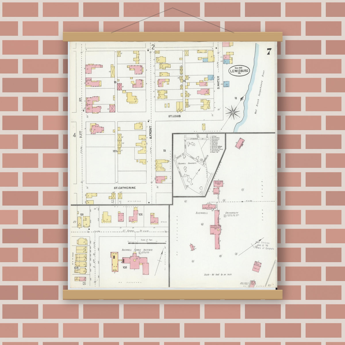 Old map wall art mockup — magnetic wood frame on brick wall — Sanborn Fire Insurance Map from Lewisburg, Union County, Pennsylvania (1901), Sheet #0007