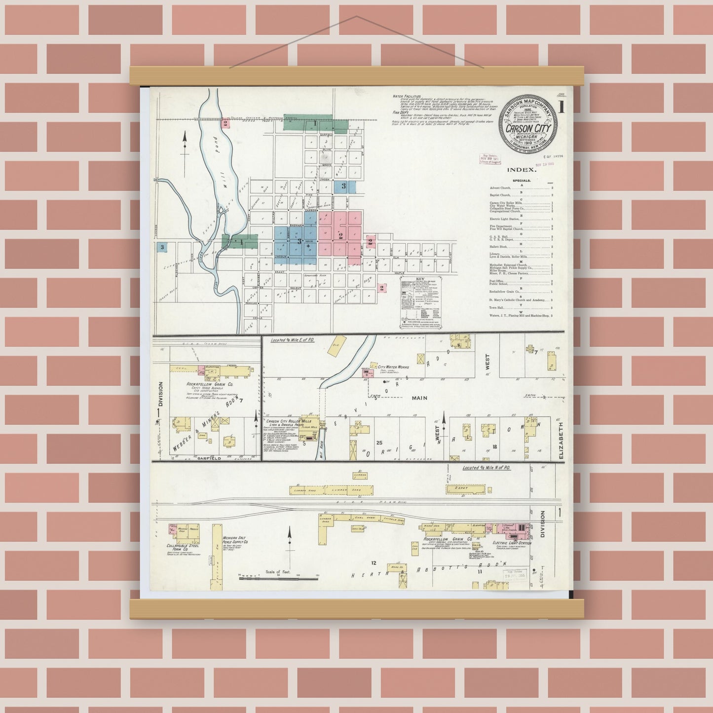 Old map wall art mockup — magnetic wood frame on brick wall — Sanborn Fire Insurance Map from Carson City, Montcalm County, Michigan (1910) - Complete Map Set