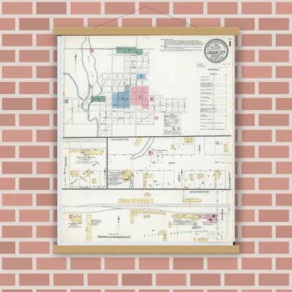 Old map wall art mockup — magnetic wood frame on brick wall — Sanborn Fire Insurance Map from Carson City, Montcalm County, Michigan (1910) - Complete Map Set
