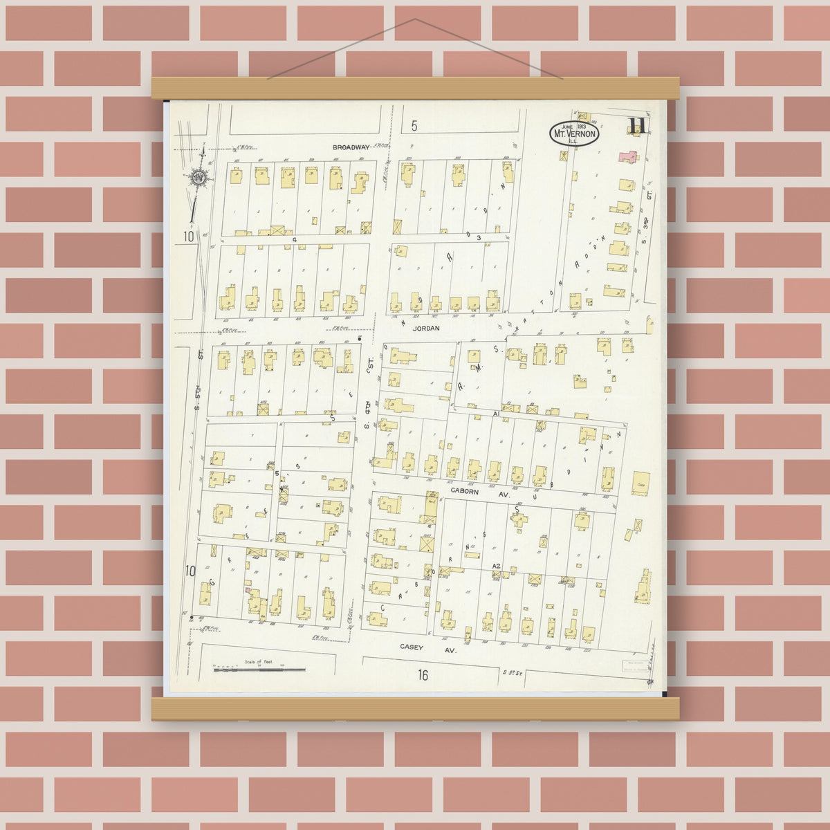 Old map wall art mockup — magnetic wood frame on brick wall — Sanborn Fire Insurance Map from Mount Vernon, Jefferson County, Illinois (1913), Sheet #0011