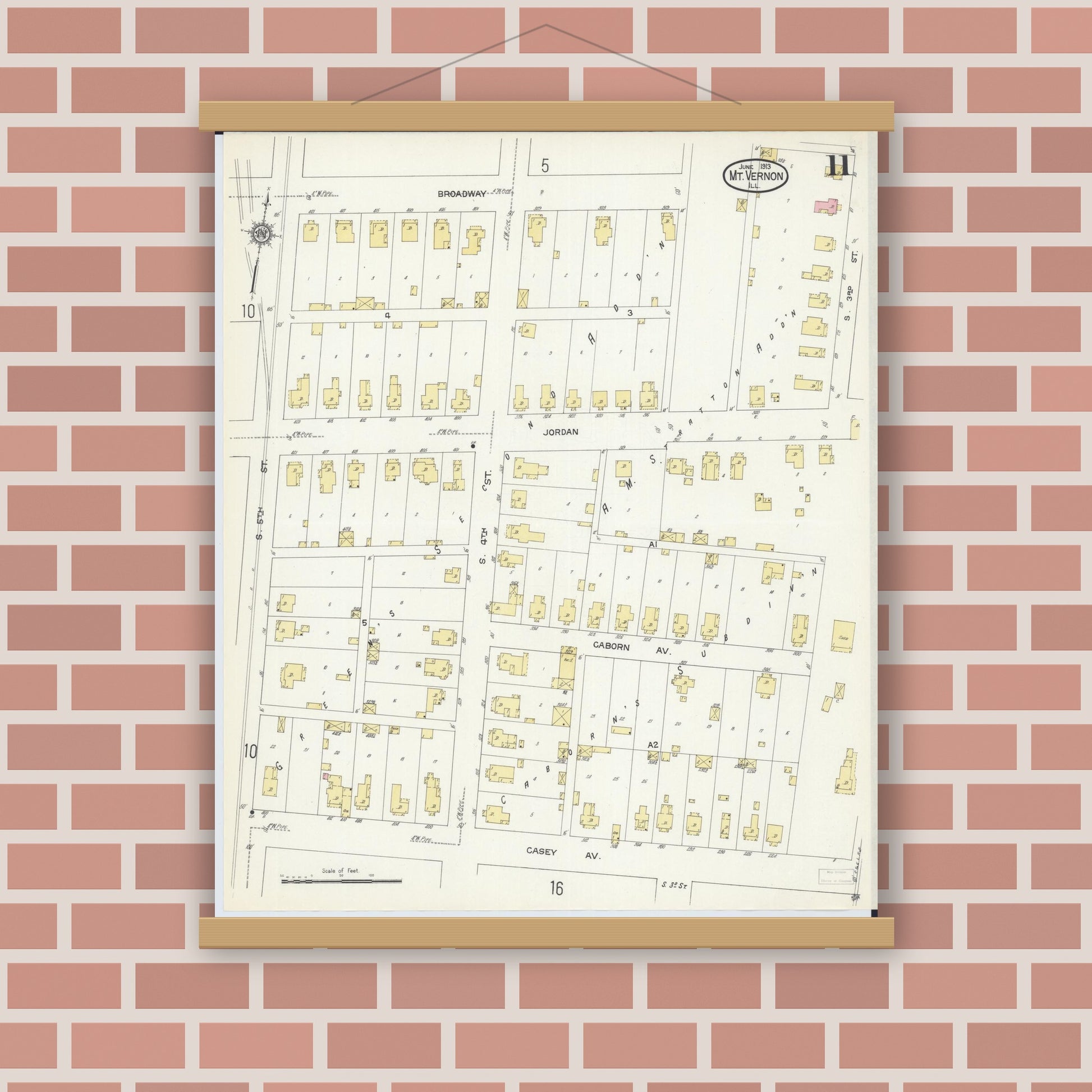 Old map wall art mockup — magnetic wood frame on brick wall — Sanborn Fire Insurance Map from Mount Vernon, Jefferson County, Illinois (1913), Sheet #0011