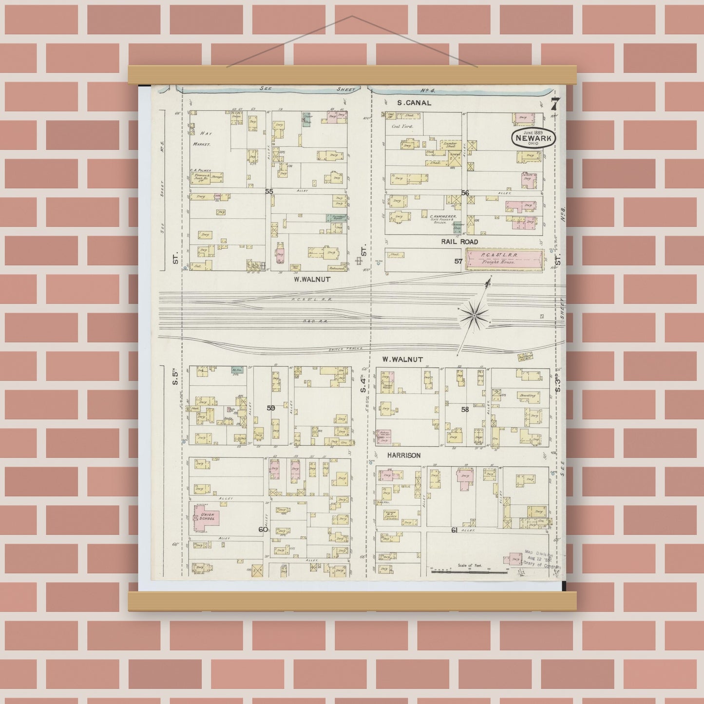 Old map wall art mockup — magnetic wood frame on brick wall — Sanborn Fire Insurance Map from Newark, Licking County, Ohio (1889), Sheet #0007