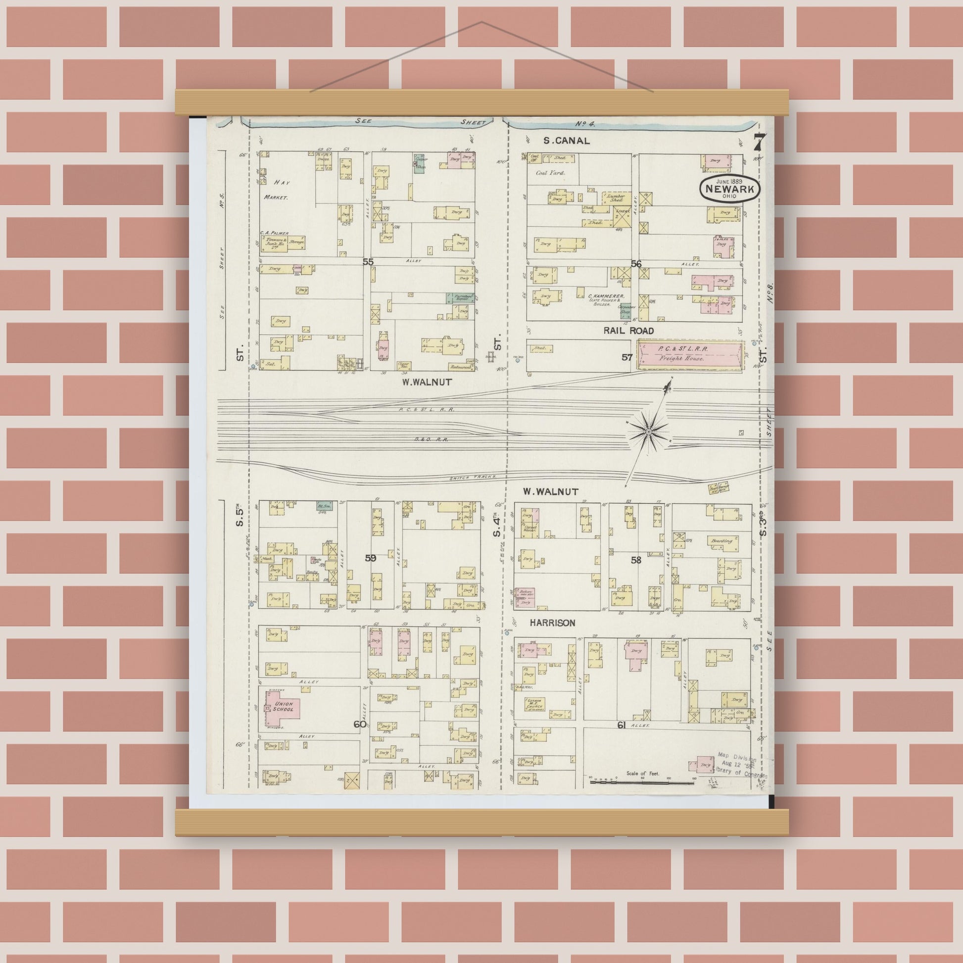 Old map wall art mockup — magnetic wood frame on brick wall — Sanborn Fire Insurance Map from Newark, Licking County, Ohio (1889), Sheet #0007
