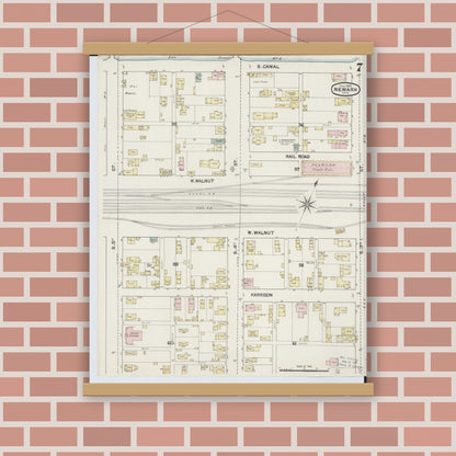 Old map wall art mockup — magnetic wood frame on brick wall — Sanborn Fire Insurance Map from Newark, Licking County, Ohio (1889), Sheet #0007