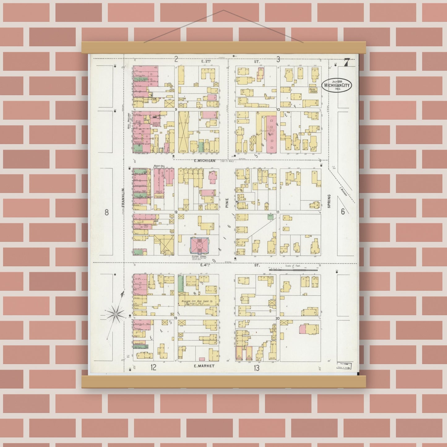 Old map wall art mockup — magnetic wood frame on brick wall — Sanborn Fire Insurance Map from Michigan City, La Porte County, Indiana (1899), Sheet #0007