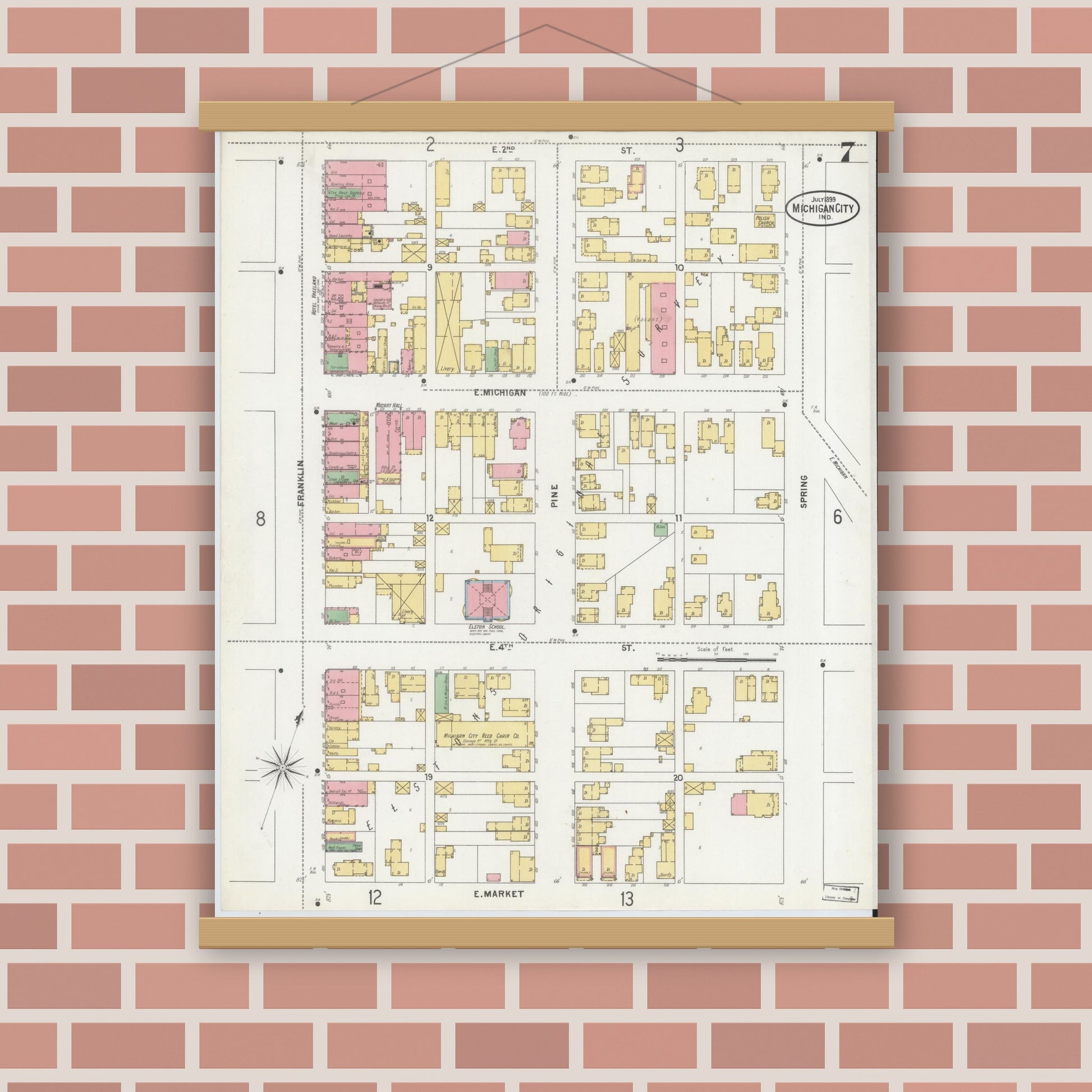 Old map wall art mockup — magnetic wood frame on brick wall — Sanborn Fire Insurance Map from Michigan City, La Porte County, Indiana (1899), Sheet #0007
