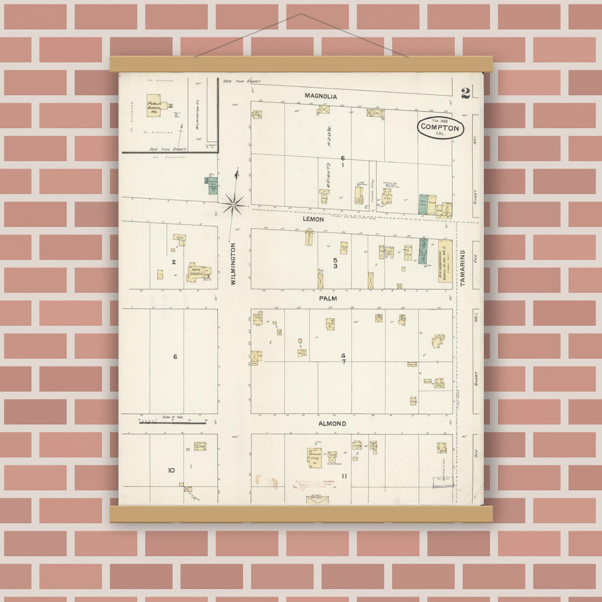 Old map wall art mockup — magnetic wood frame on brick wall — Sanborn Fire Insurance Map from Compton, Los Angeles County, California (1888), Sheet #0002