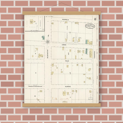 Old map wall art mockup — magnetic wood frame on brick wall — Sanborn Fire Insurance Map from Compton, Los Angeles County, California (1888), Sheet #0002