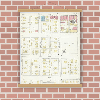 Old map wall art mockup — magnetic wood frame on brick wall — Sanborn Fire Insurance Map from Nokomis, Montgomery County, Illinois (1912), Sheet #0004