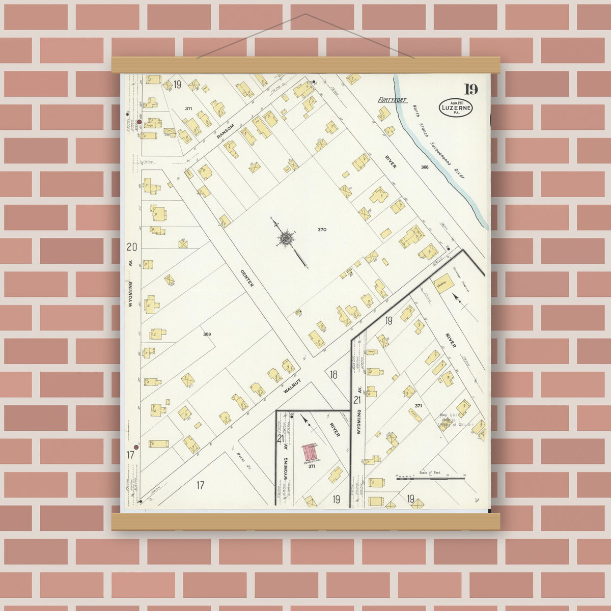Old map wall art mockup — magnetic wood frame on brick wall — Sanborn Fire Insurance Map from Luzerne, Luzerne County, Pennsylvania (1911), Sheet #0019