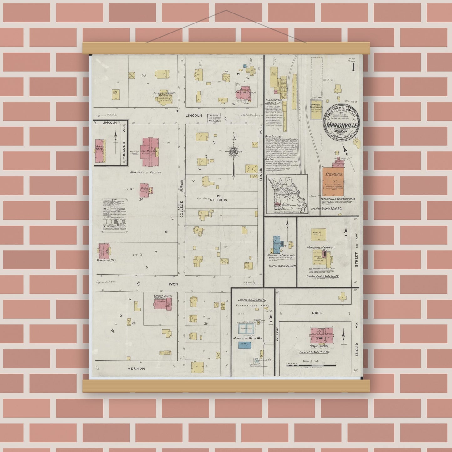 Old map wall art mockup — magnetic wood frame on brick wall — Sanborn Fire Insurance Map from Marionville, Lawrence County, Missouri (1918), Sheet #0001