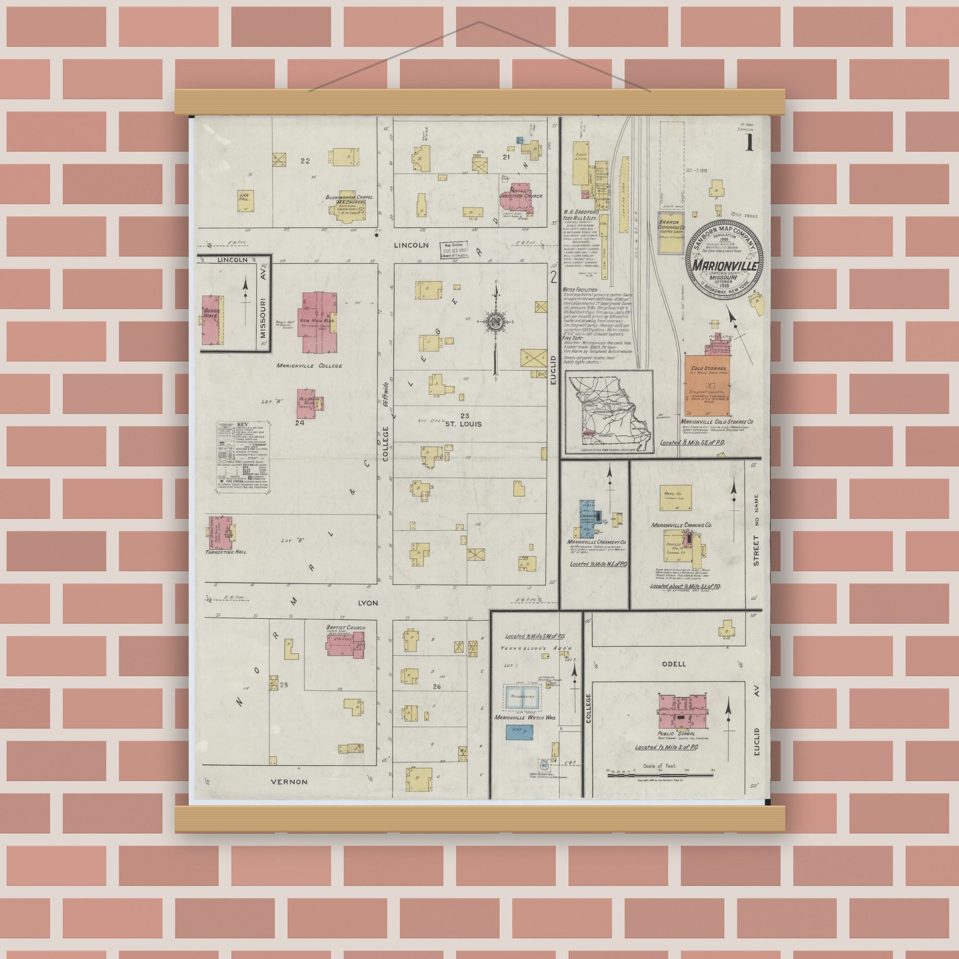 Old map wall art mockup — magnetic wood frame on brick wall — Sanborn Fire Insurance Map from Marionville, Lawrence County, Missouri (1918), Sheet #0001