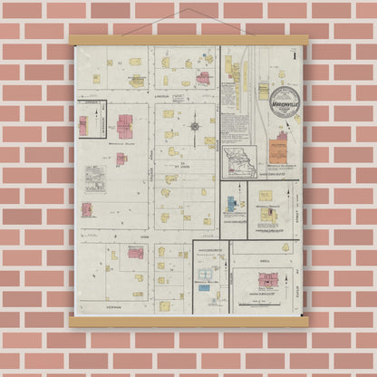 Old map wall art mockup — magnetic wood frame on brick wall — Sanborn Fire Insurance Map from Marionville, Lawrence County, Missouri (1918), Sheet #0001