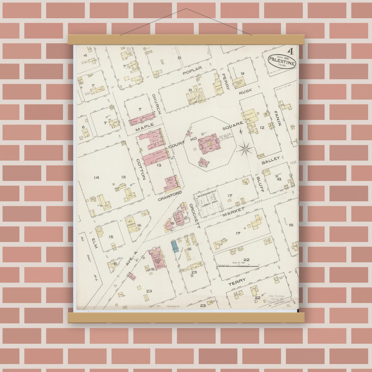 Old map wall art mockup — magnetic wood frame on brick wall — Sanborn Fire Insurance Map from Palestine, Anderson County, Texas (1885), Sheet #0004