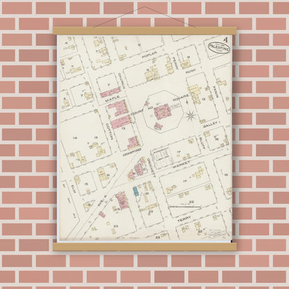 Old map wall art mockup — magnetic wood frame on brick wall — Sanborn Fire Insurance Map from Palestine, Anderson County, Texas (1885), Sheet #0004