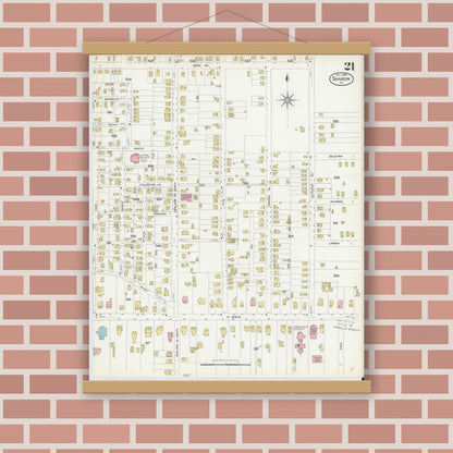Old map wall art mockup — magnetic wood frame on brick wall — Sanborn Fire Insurance Map from Sharon, Mercer County, Pennsylvania (1908), Sheet #0021