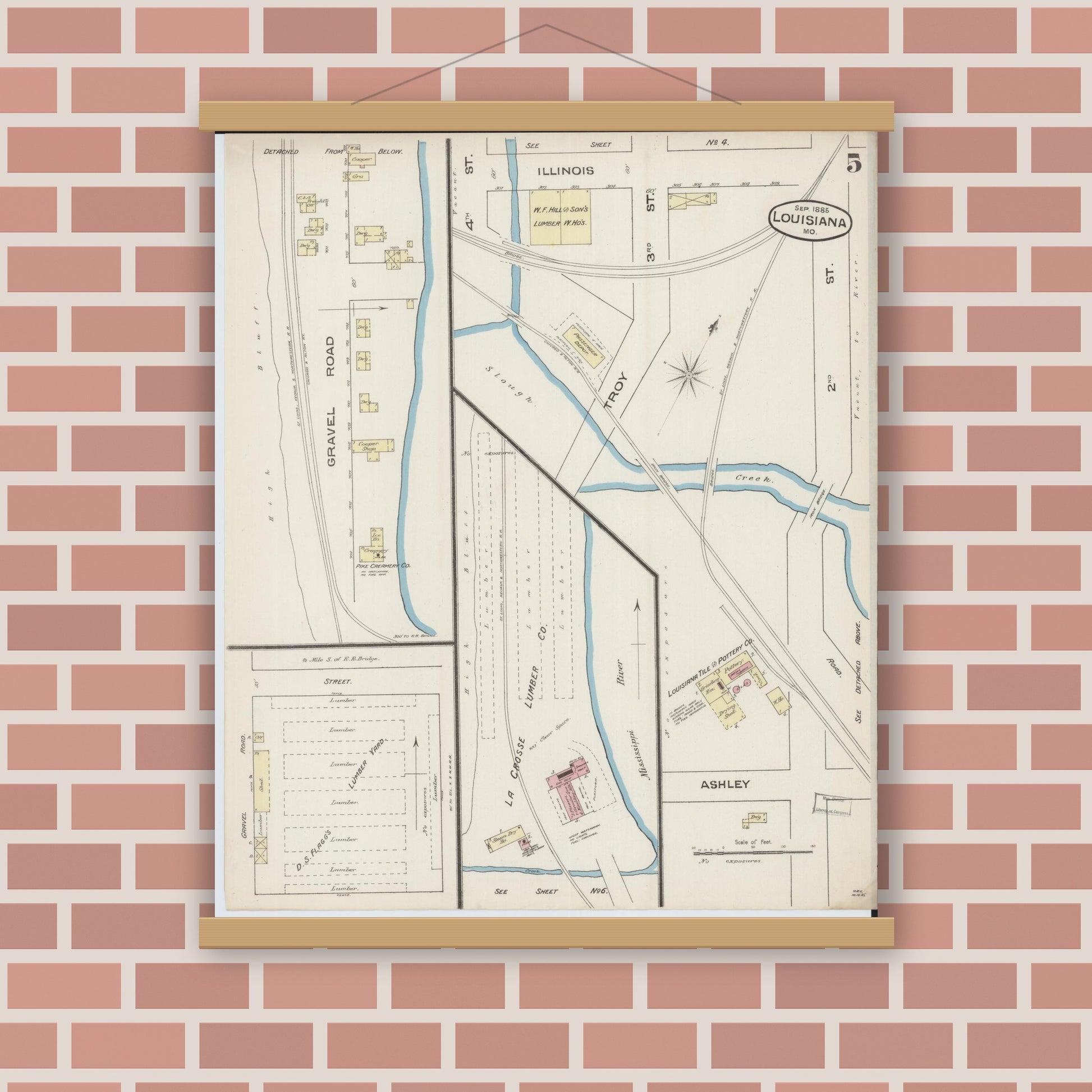 Old map wall art mockup — magnetic wood frame on brick wall — Sanborn Fire Insurance Map from Louisiana, Pike County, Missouri (1885), Sheet #0005