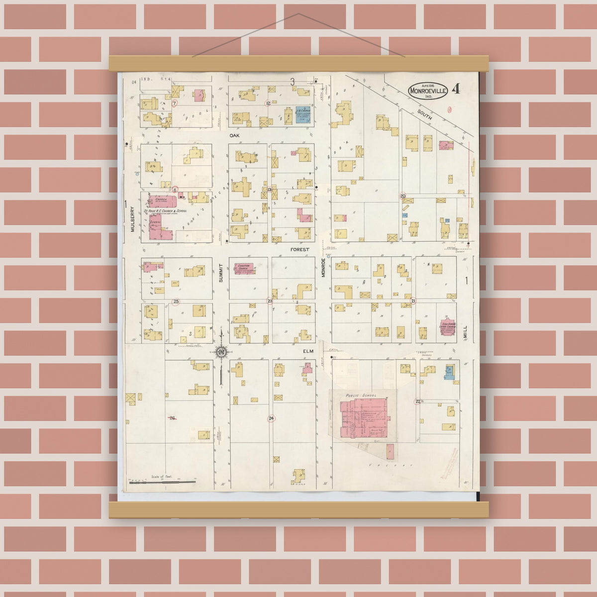 Old map wall art mockup — magnetic wood frame on brick wall — Sanborn Fire Insurance Map from Monroeville, Allen County, Indiana (1932), Sheet #0004