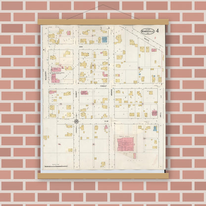 Old map wall art mockup — magnetic wood frame on brick wall — Sanborn Fire Insurance Map from Monroeville, Allen County, Indiana (1932), Sheet #0004