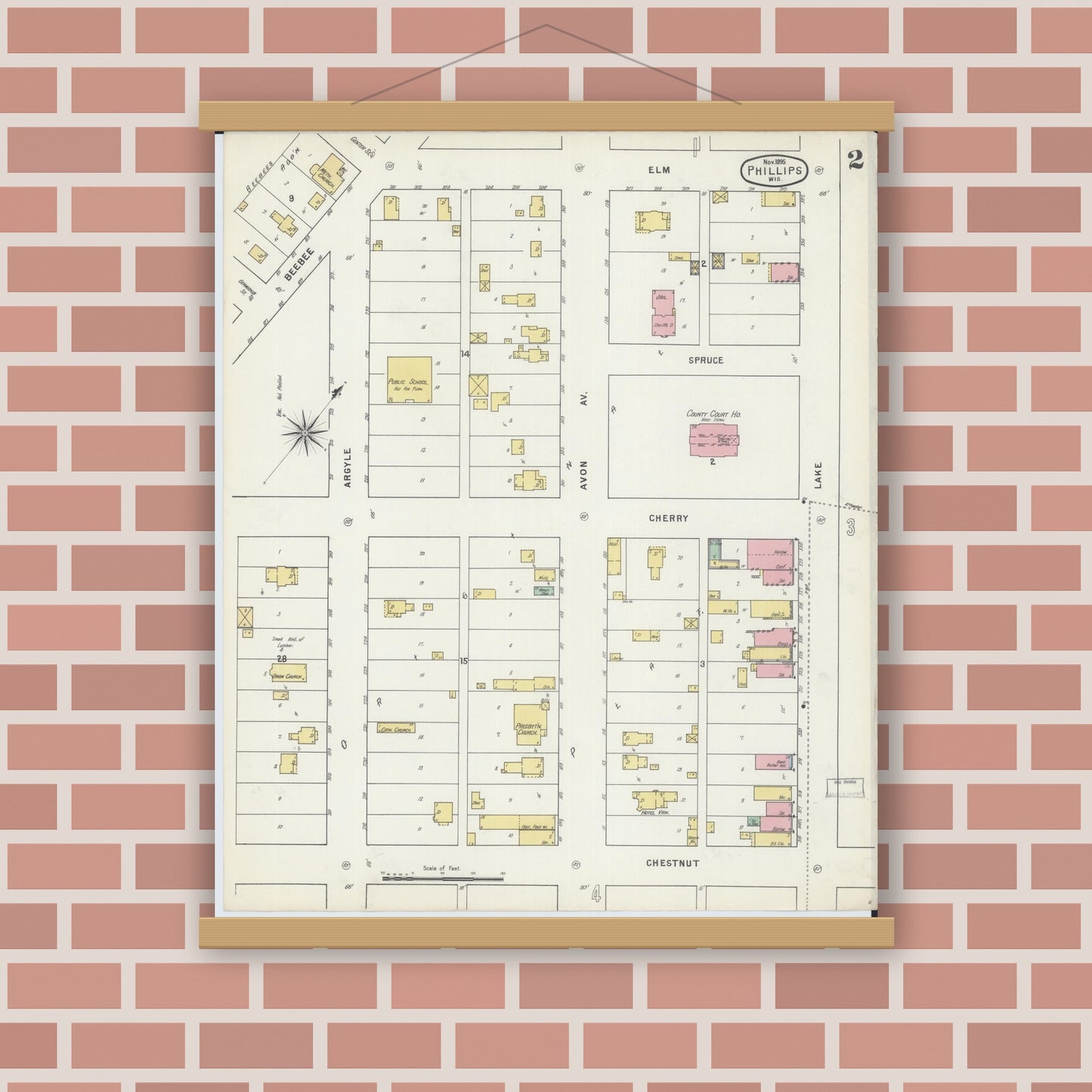 Old map wall art mockup — magnetic wood frame on brick wall — Sanborn Fire Insurance Map from Phillips, Price County, Wisconsin (1895), Sheet #0002