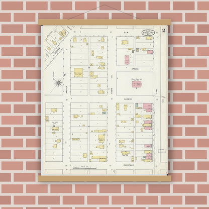 Old map wall art mockup — magnetic wood frame on brick wall — Sanborn Fire Insurance Map from Phillips, Price County, Wisconsin (1895), Sheet #0002