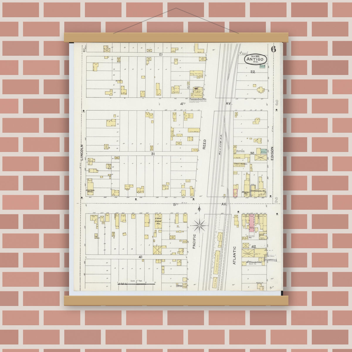 Old map wall art mockup — magnetic wood frame on brick wall — Sanborn Fire Insurance Map from Antigo, Langlade County, Wisconsin (1892), Sheet #0006