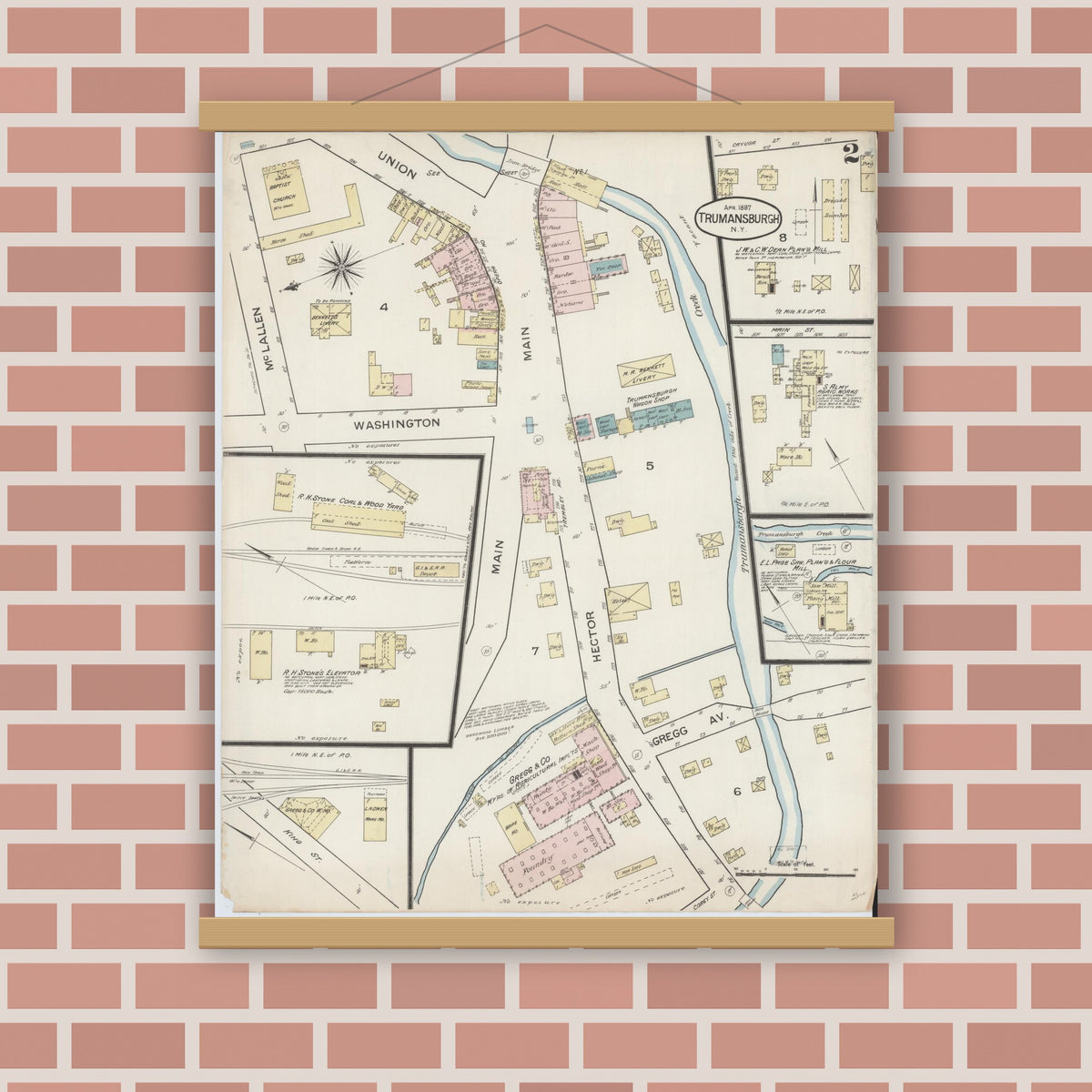 Old map wall art mockup — magnetic wood frame on brick wall — Sanborn Fire Insurance Map from Trumansburg, Tompkins County, New York (1887), Sheet #0002