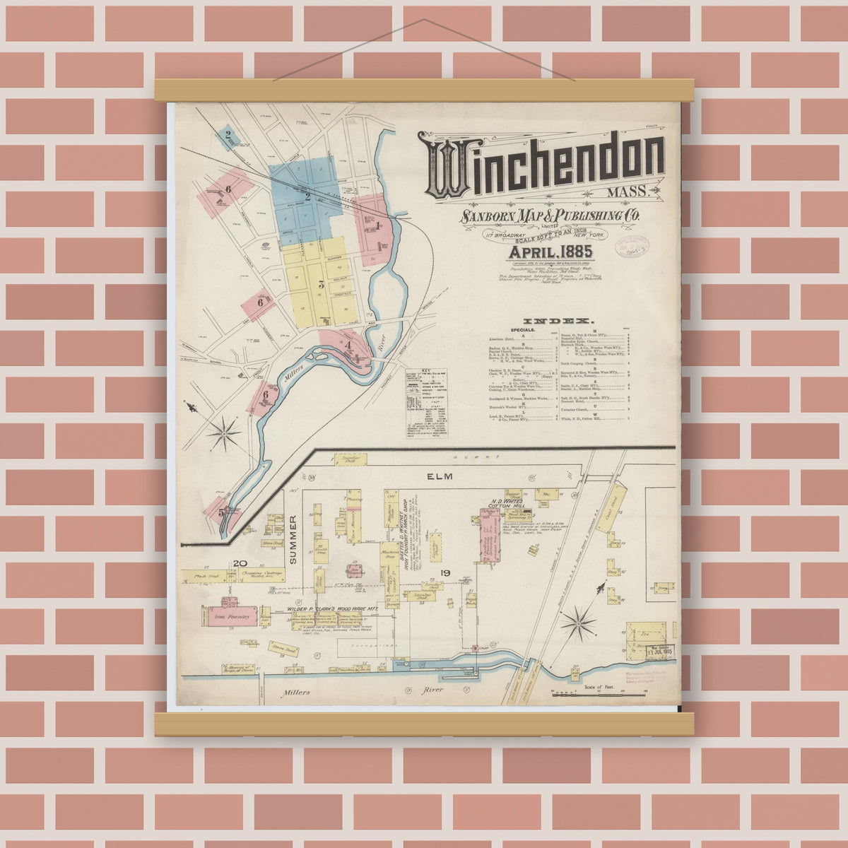Old map wall art mockup — magnetic wood frame on brick wall — Sanborn Fire Insurance Map from Winchendon, Worcester County, Massachusetts (1885) - Complete Map Set