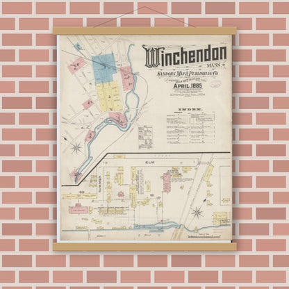 Old map wall art mockup — magnetic wood frame on brick wall — Sanborn Fire Insurance Map from Winchendon, Worcester County, Massachusetts (1885) - Complete Map Set