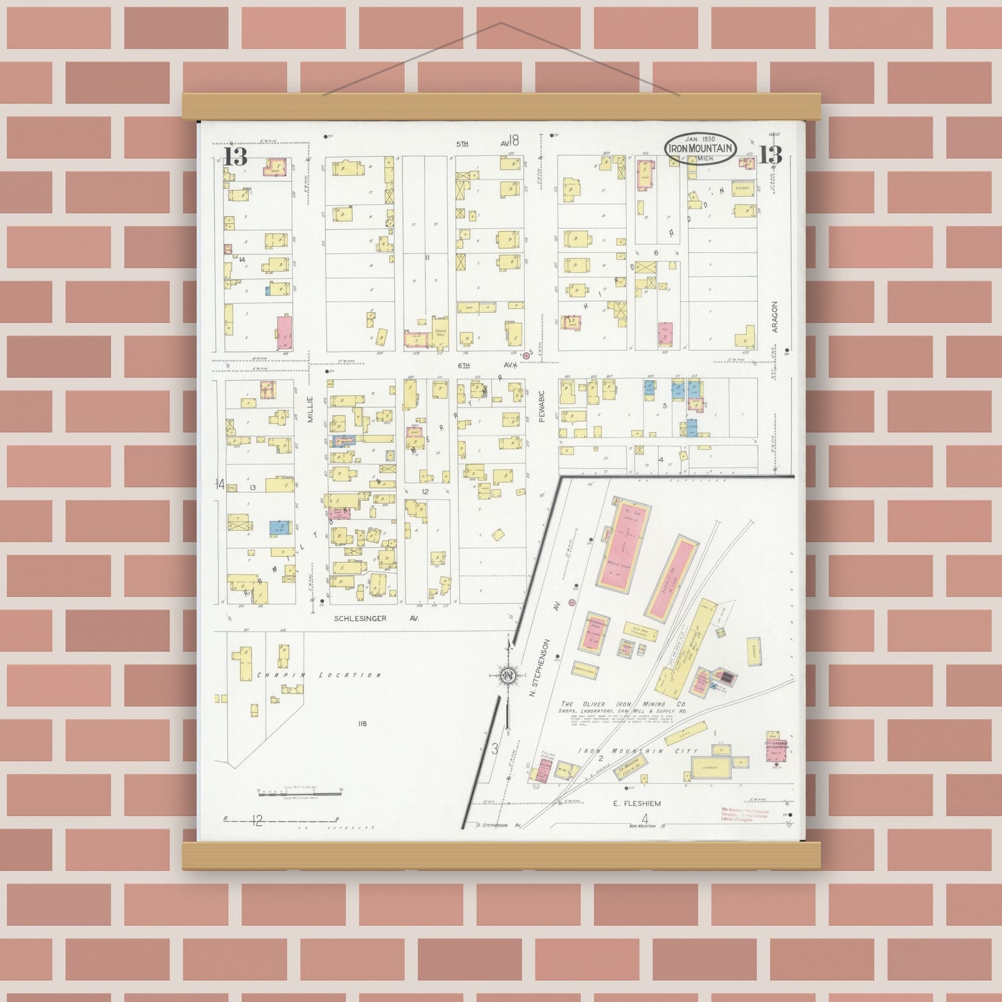 Old map wall art mockup — magnetic wood frame on brick wall — Sanborn Fire Insurance Map from Iron Mountain, Dickinson County, Michigan (1930), Sheet #0013