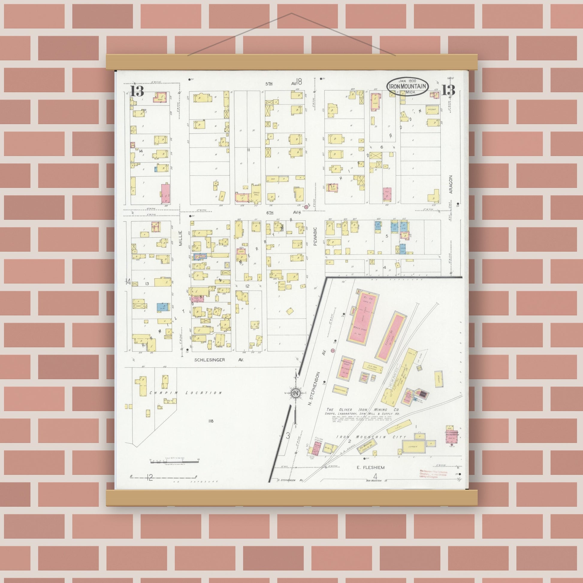 Old map wall art mockup — magnetic wood frame on brick wall — Sanborn Fire Insurance Map from Iron Mountain, Dickinson County, Michigan (1930), Sheet #0013