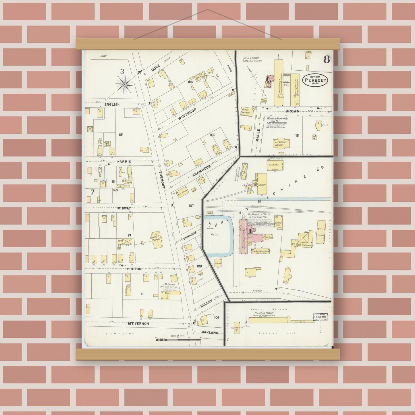 Old map wall art mockup — magnetic wood frame on brick wall — Sanborn Fire Insurance Map from Peabody, Essex County, Massachusetts (1897), Sheet #0008