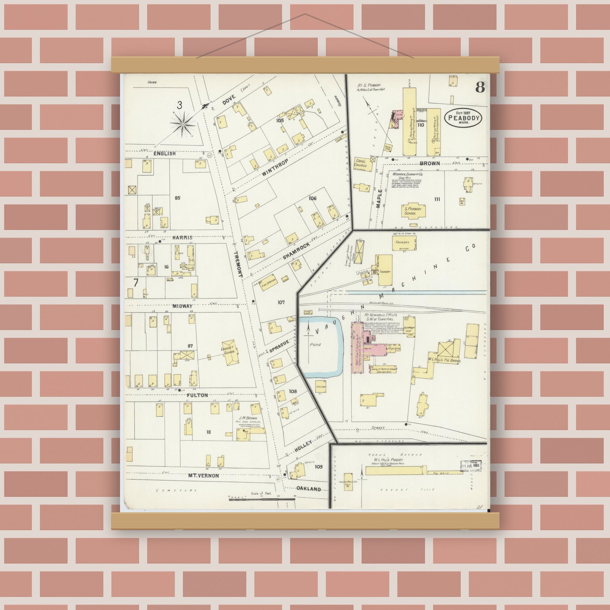 Old map wall art mockup — magnetic wood frame on brick wall — Sanborn Fire Insurance Map from Peabody, Essex County, Massachusetts (1897), Sheet #0008