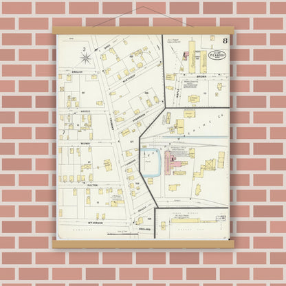 Old map wall art mockup — magnetic wood frame on brick wall — Sanborn Fire Insurance Map from Peabody, Essex County, Massachusetts (1897), Sheet #0008