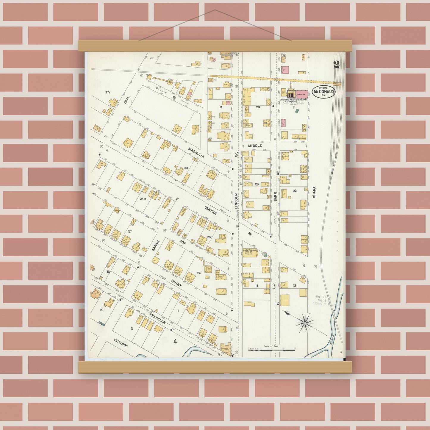 Old map wall art mockup — magnetic wood frame on brick wall — Sanborn Fire Insurance Map from McDonald, Washington County, Pennsylvania (1902), Sheet #0002