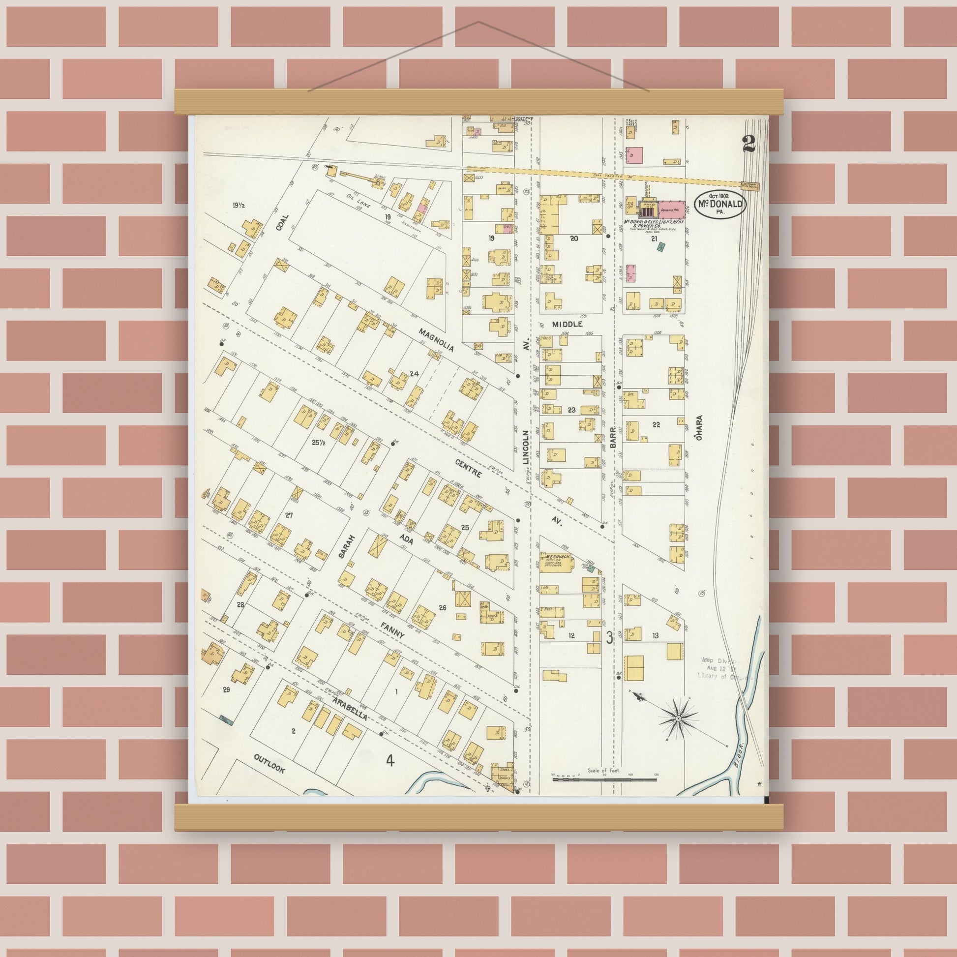 Old map wall art mockup — magnetic wood frame on brick wall — Sanborn Fire Insurance Map from McDonald, Washington County, Pennsylvania (1902), Sheet #0002