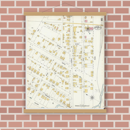 Old map wall art mockup — magnetic wood frame on brick wall — Sanborn Fire Insurance Map from McDonald, Washington County, Pennsylvania (1902), Sheet #0002