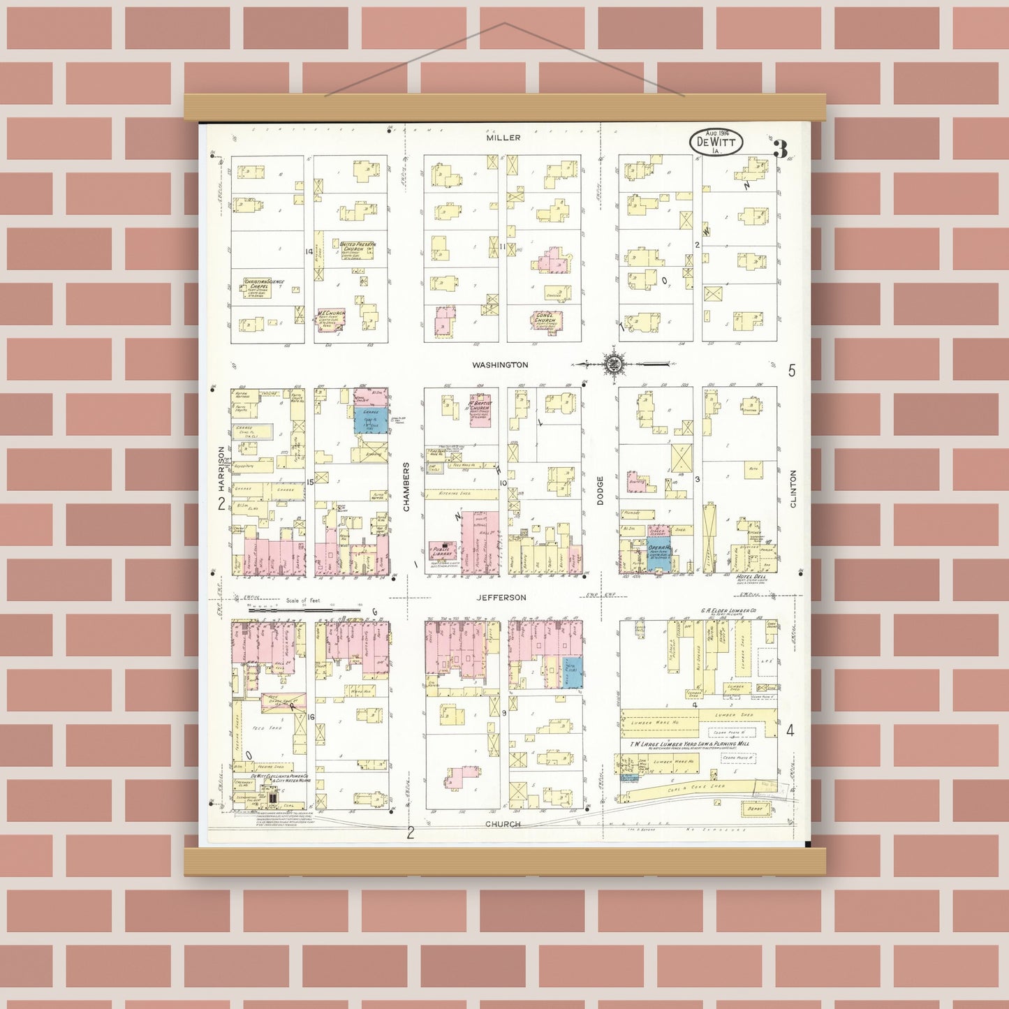 Old map wall art mockup — magnetic wood frame on brick wall — Sanborn Fire Insurance Map from De Witt, Clinton County, Iowa (1914), Sheet #0003