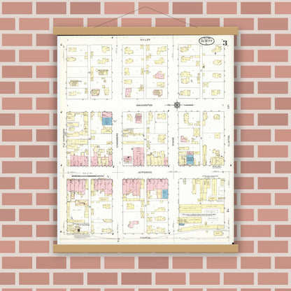 Old map wall art mockup — magnetic wood frame on brick wall — Sanborn Fire Insurance Map from De Witt, Clinton County, Iowa (1914), Sheet #0003