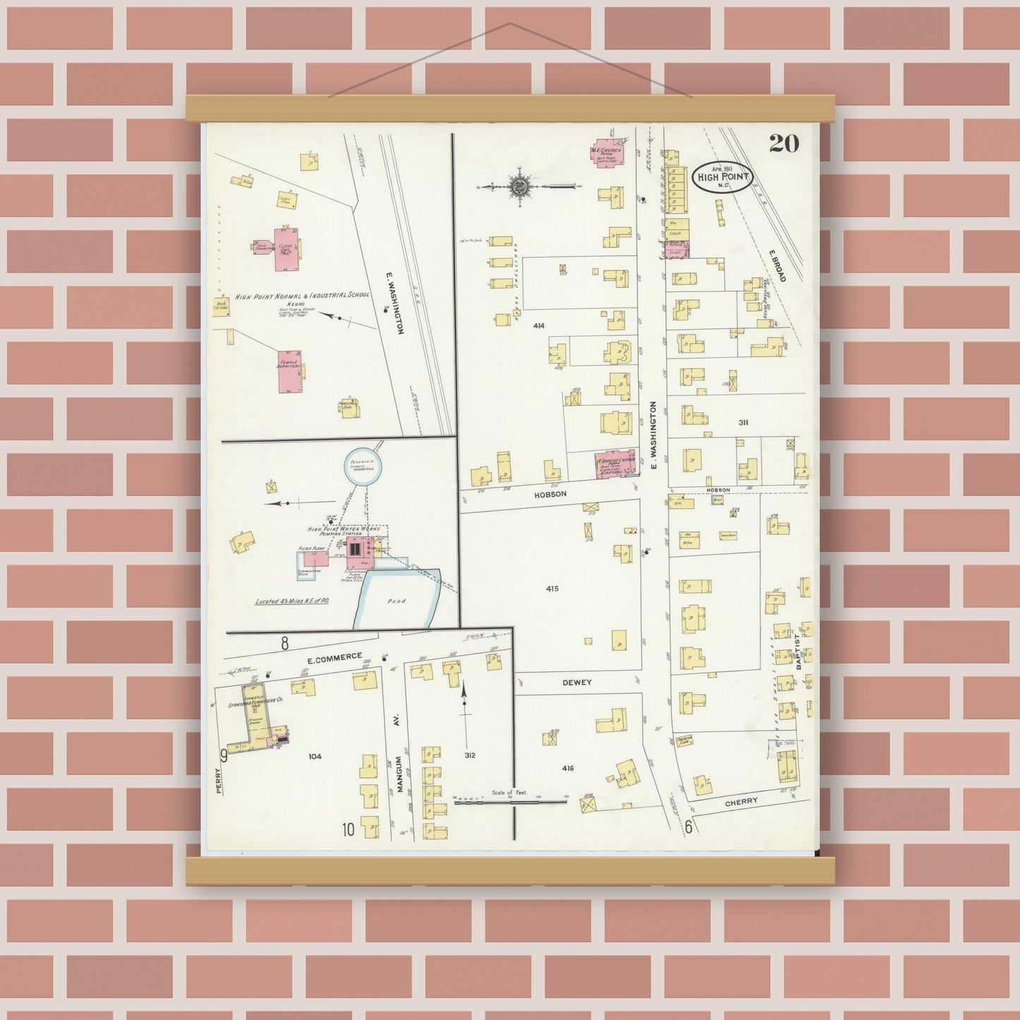 Old map wall art mockup — magnetic wood frame on brick wall — Sanborn Fire Insurance Map from High Point, Guilford County, North Carolina (1911), Sheet #0020