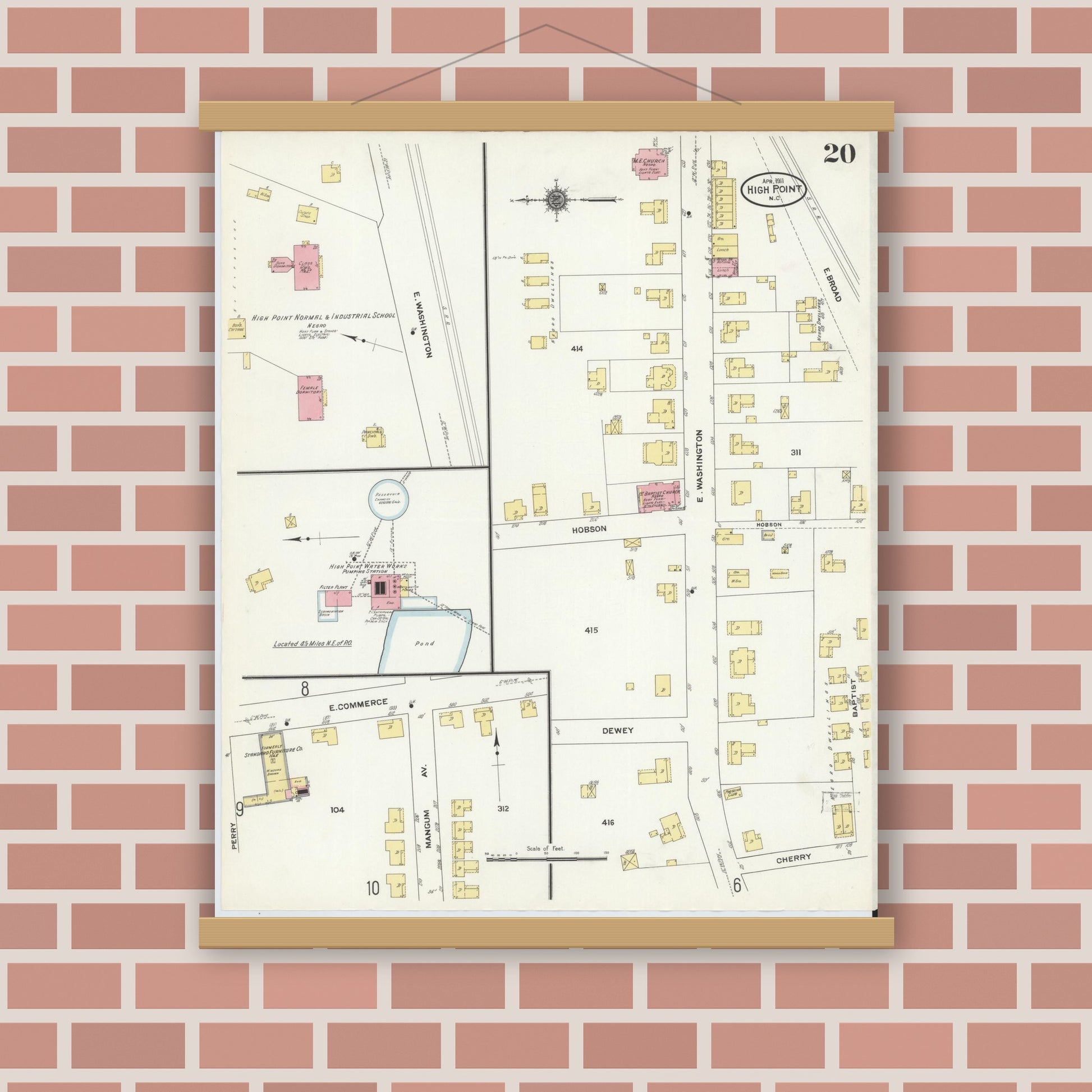 Old map wall art mockup — magnetic wood frame on brick wall — Sanborn Fire Insurance Map from High Point, Guilford County, North Carolina (1911), Sheet #0020
