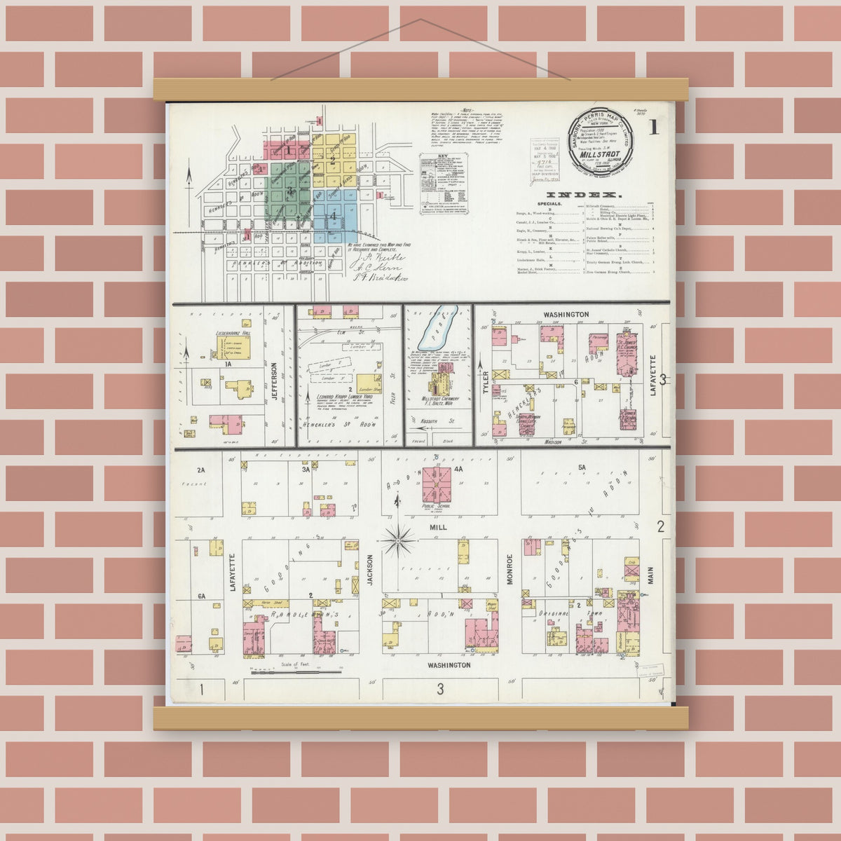 Old map wall art mockup — magnetic wood frame on brick wall — Sanborn Fire Insurance Map from Millstadt, Saint Clair County, Illinois (1900) - Complete Map Set