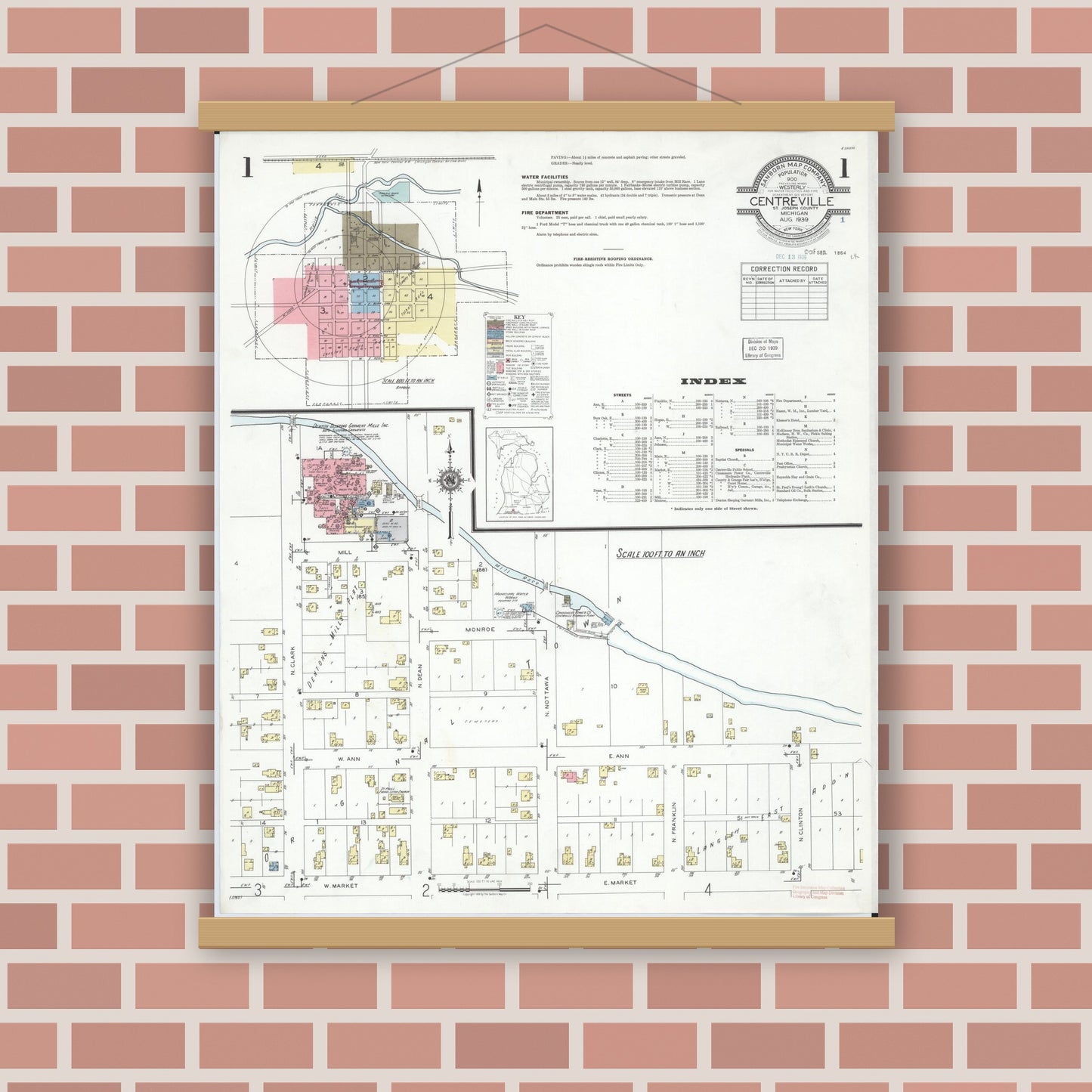 Old map wall art mockup — magnetic wood frame on brick wall — Sanborn Fire Insurance Map from Centreville, Saint Joseph County, Michigan (1939) - Complete Map Set