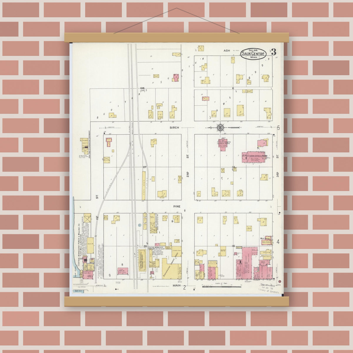 Old map wall art mockup — magnetic wood frame on brick wall — Sanborn Fire Insurance Map from Sauk Centre, Stearns County, Minnesota (1916), Sheet #0003