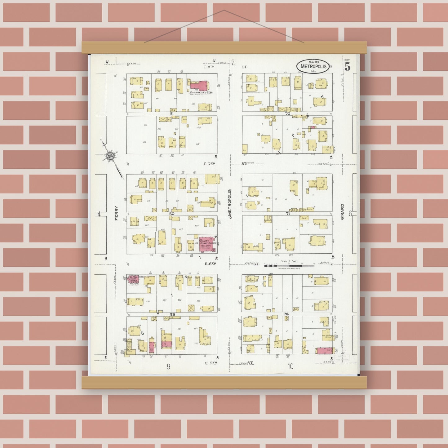 Old map wall art mockup — magnetic wood frame on brick wall — Sanborn Fire Insurance Map from Metropolis, Massac County, Illinois (1921), Sheet #0005