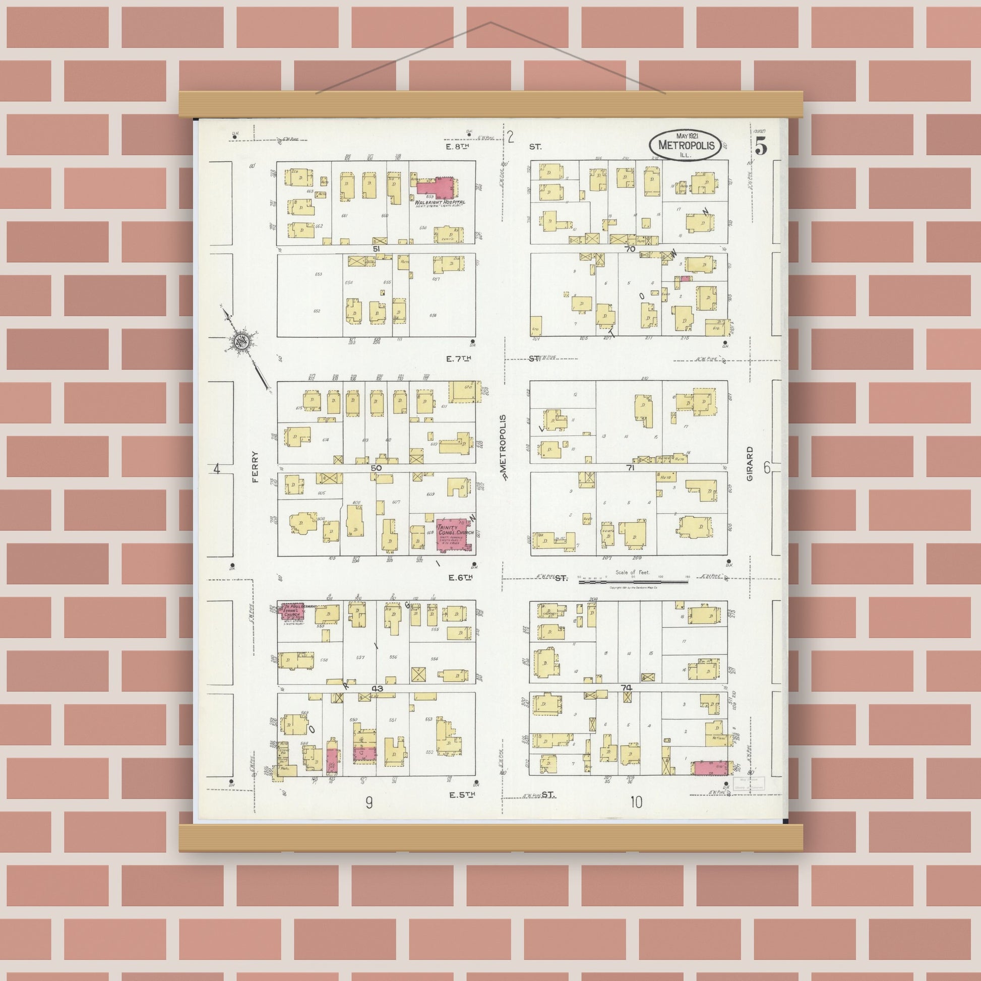 Old map wall art mockup — magnetic wood frame on brick wall — Sanborn Fire Insurance Map from Metropolis, Massac County, Illinois (1921), Sheet #0005