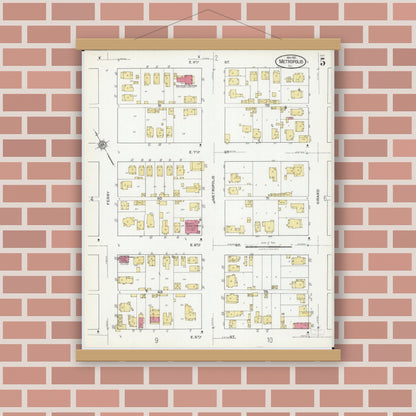 Old map wall art mockup — magnetic wood frame on brick wall — Sanborn Fire Insurance Map from Metropolis, Massac County, Illinois (1921), Sheet #0005