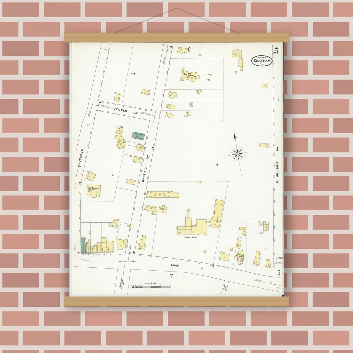 Old map wall art mockup — magnetic wood frame on brick wall — Sanborn Fire Insurance Map from Chatham, Morris County, New Jersey (1909), Sheet #0005