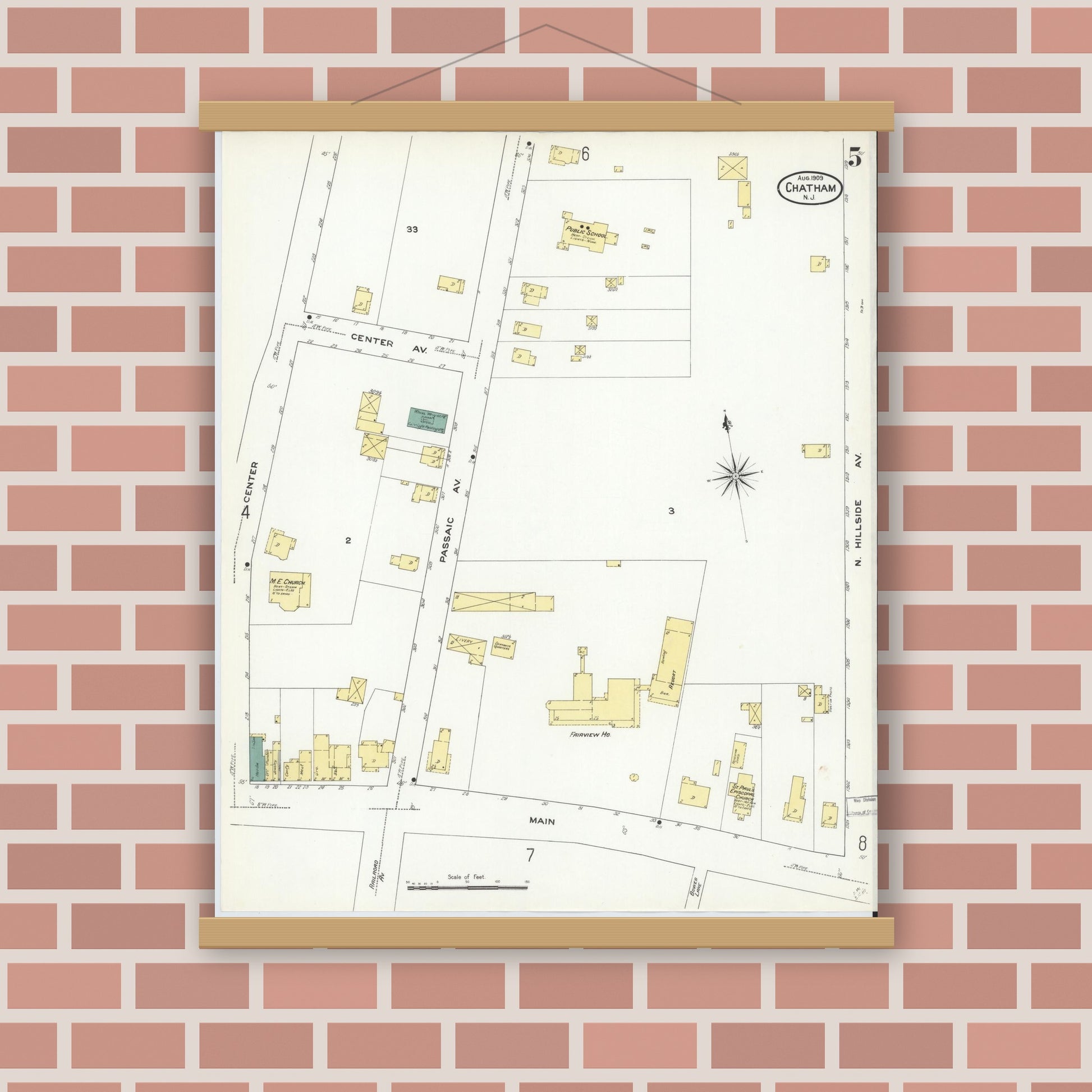 Old map wall art mockup — magnetic wood frame on brick wall — Sanborn Fire Insurance Map from Chatham, Morris County, New Jersey (1909), Sheet #0005