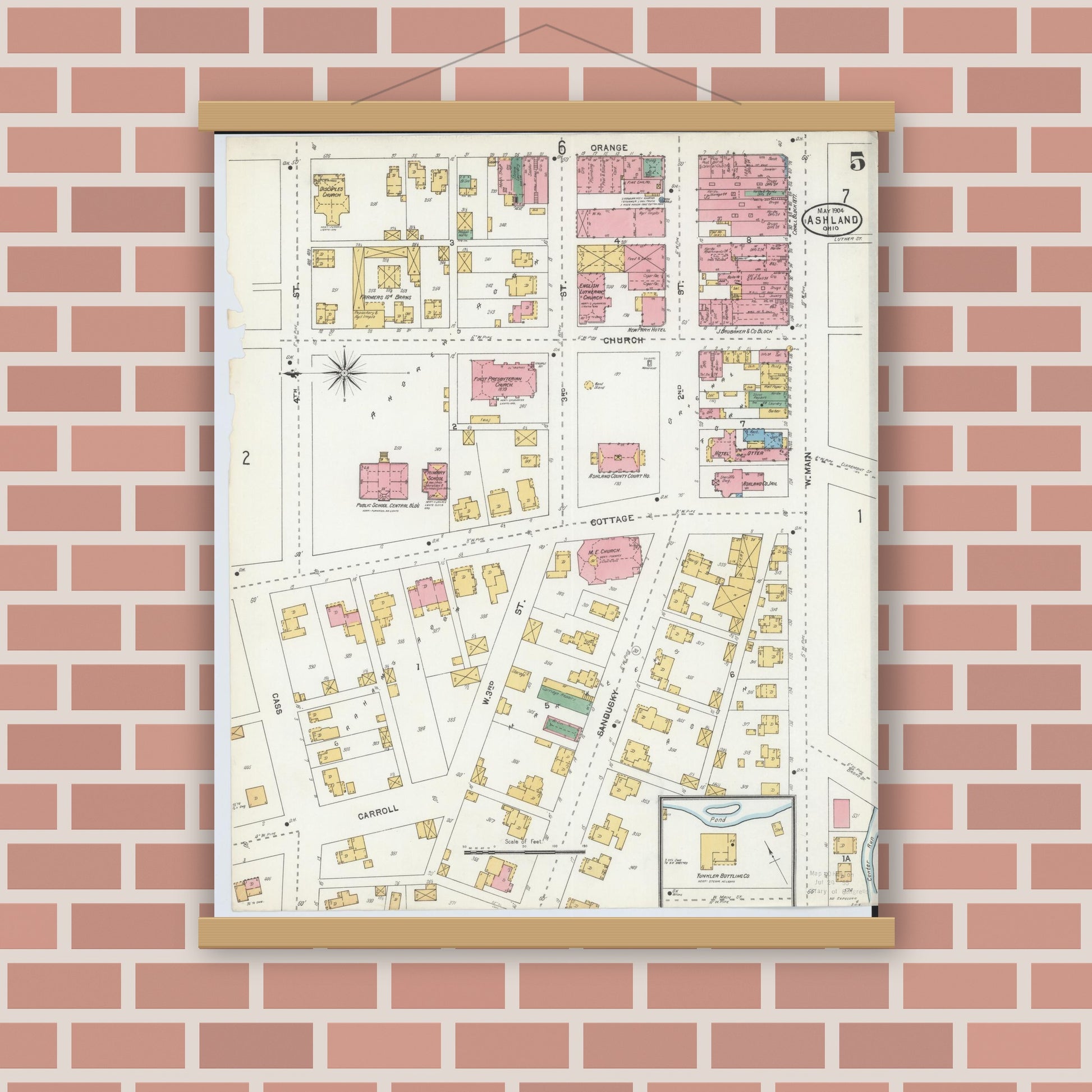 Old map wall art mockup — magnetic wood frame on brick wall — Sanborn Fire Insurance Map from Ashland, Ashland County, Ohio (1904), Sheet #0005